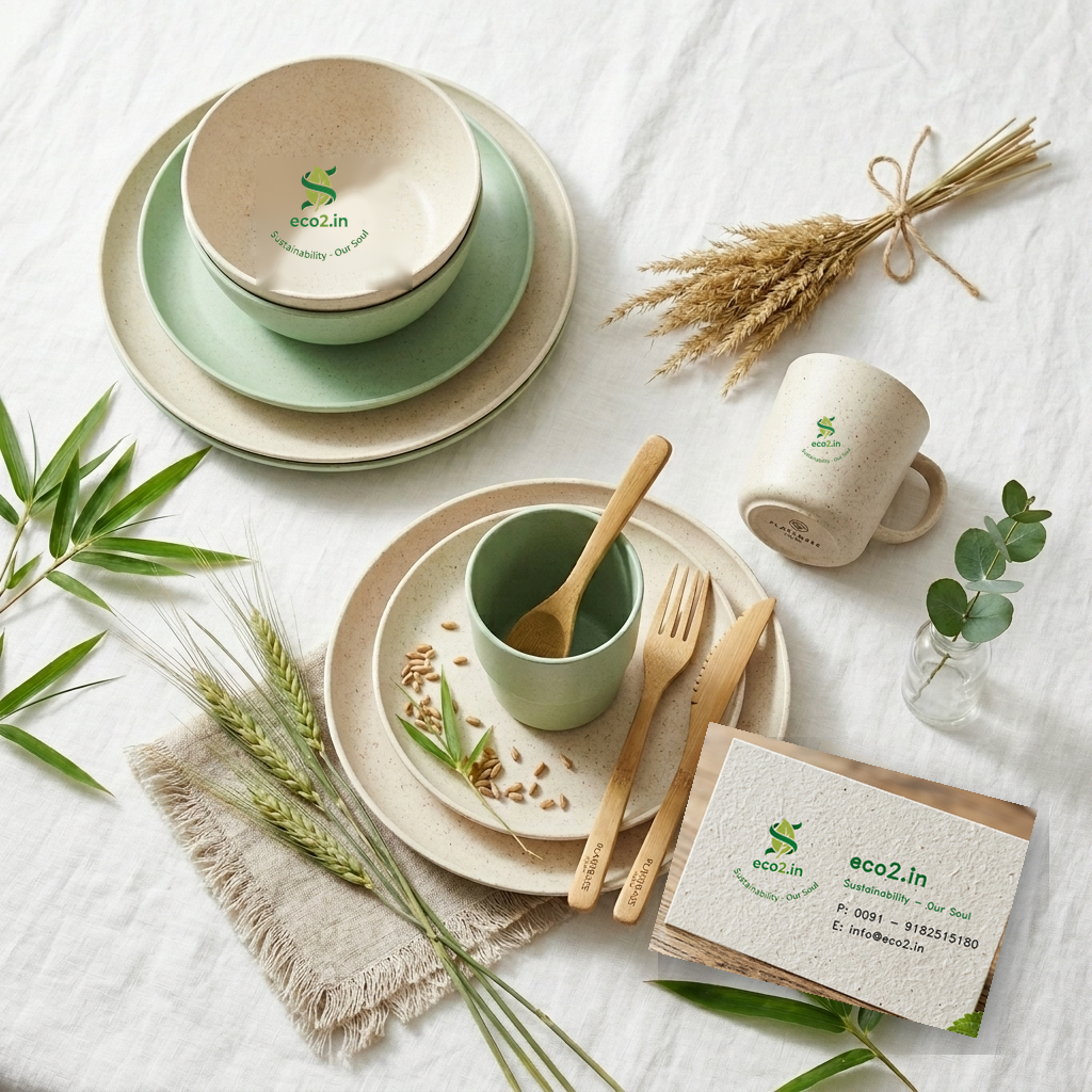 Minimalist biodegradable tableware set made of wheat straw and bamboo fiber